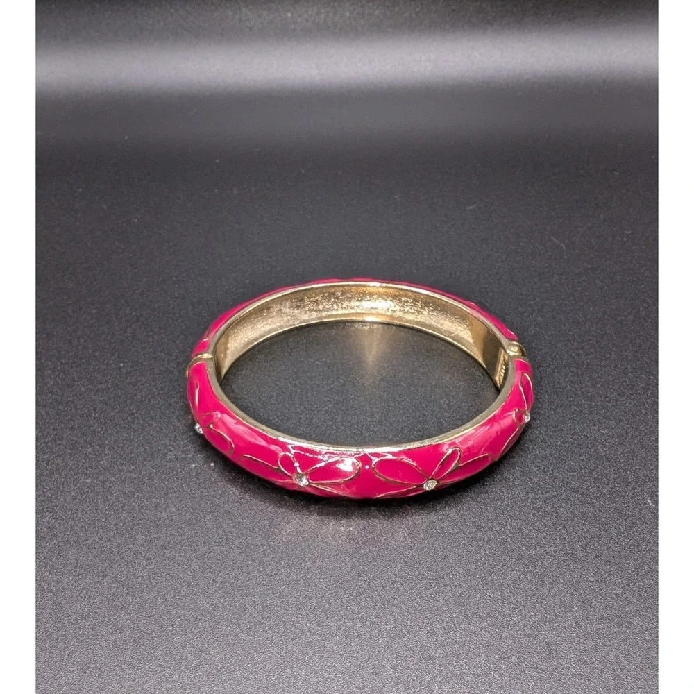 Pink Enamel Gold Tone Hinged Bangle Bracelet Floral Rhinestone Costume Jewelry